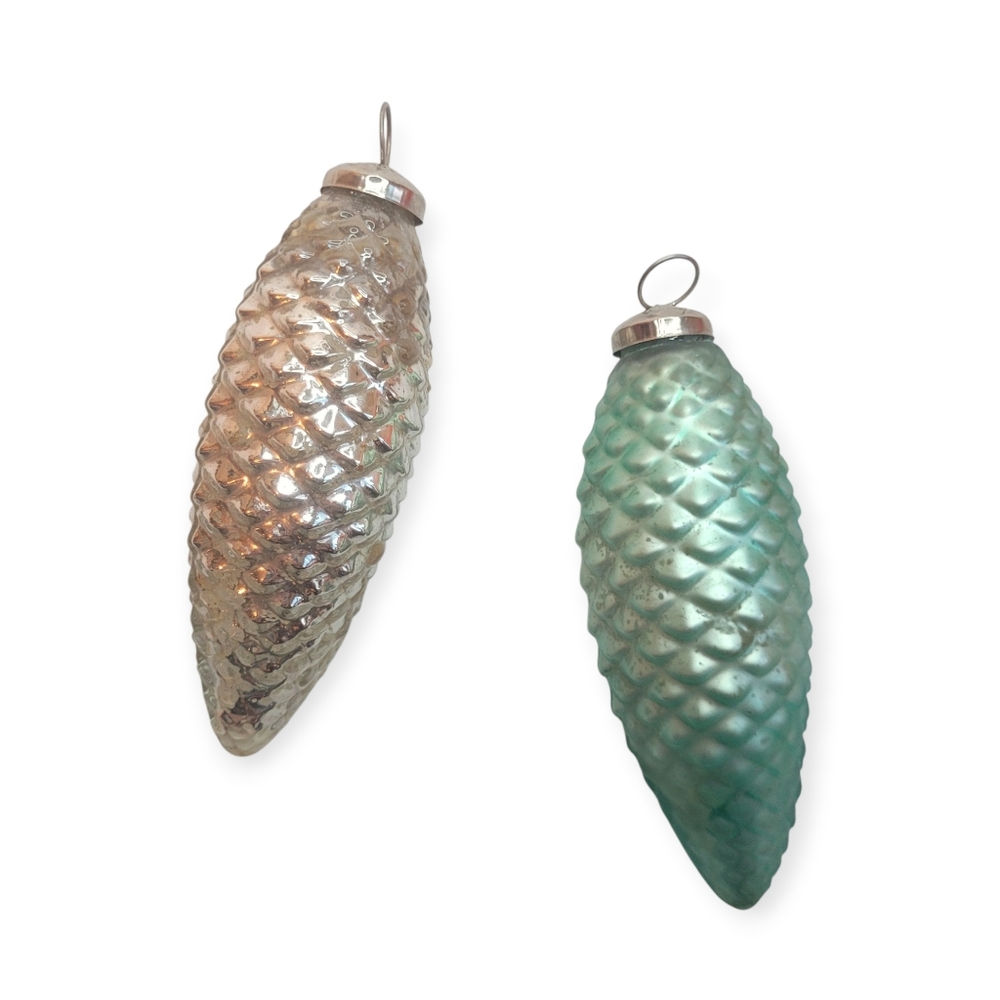 Vintage Russian Mercury Glass Silver and Green Pinecone Ornaments
